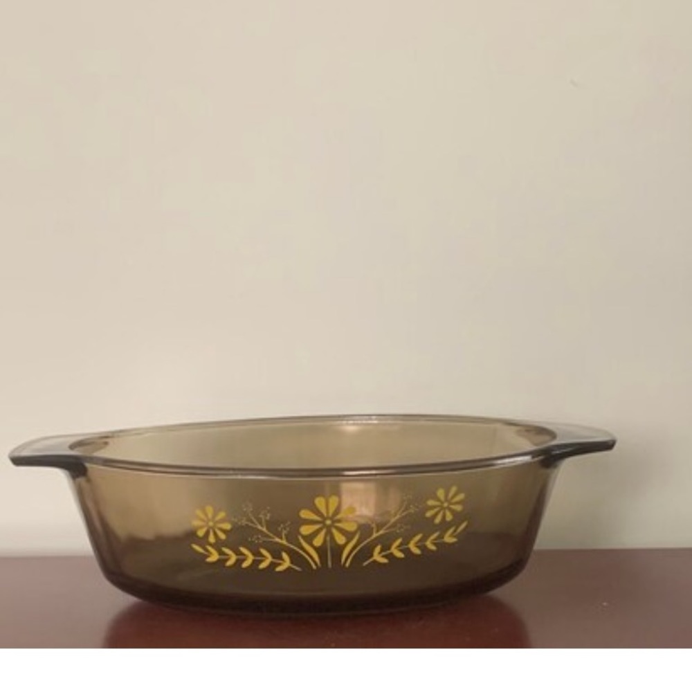 glasbake black casserole dish - black glass - yellow flowers - textured glass​​